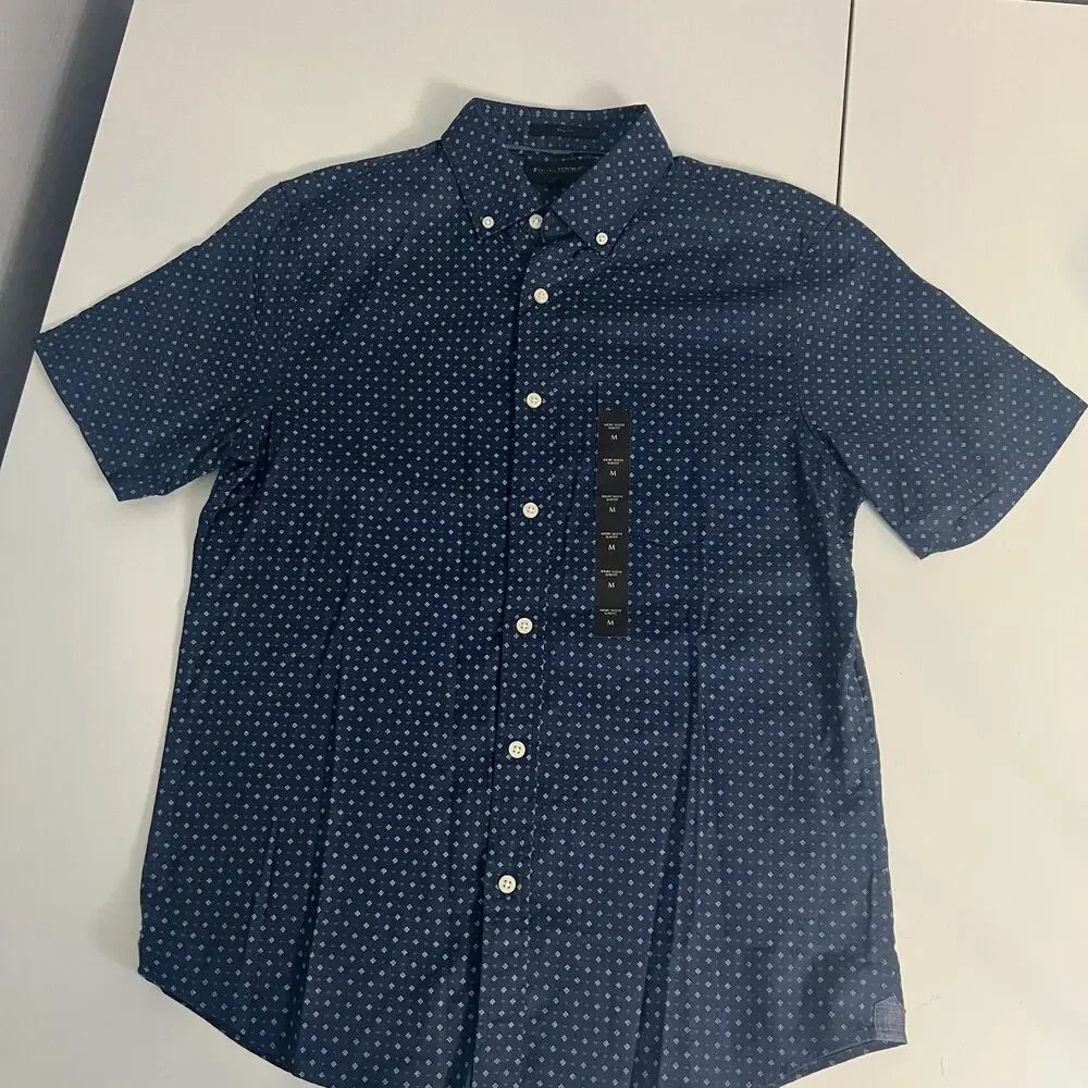 Banana Republic Shirt Men's M Navy Geometric Short Sleeve Slim Fit Button Down